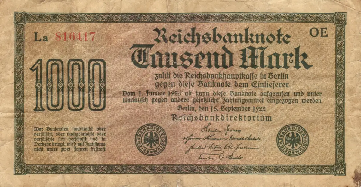 German one-thousand-mark banknote issued in 1922